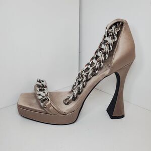 Jeffery Campbell Silverlake Big Ankle Chain Taupe Satin Platform Sz 9.5